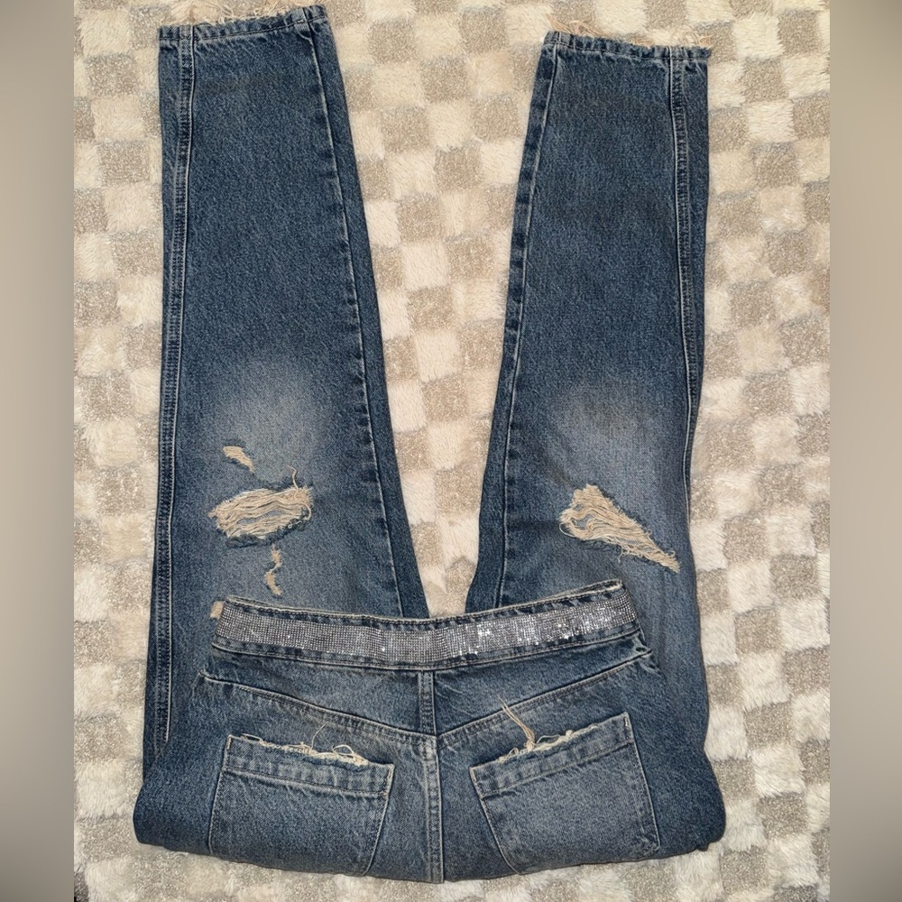 Zara Denim Jeans rhinestone Waist Distressed Tapered Leg